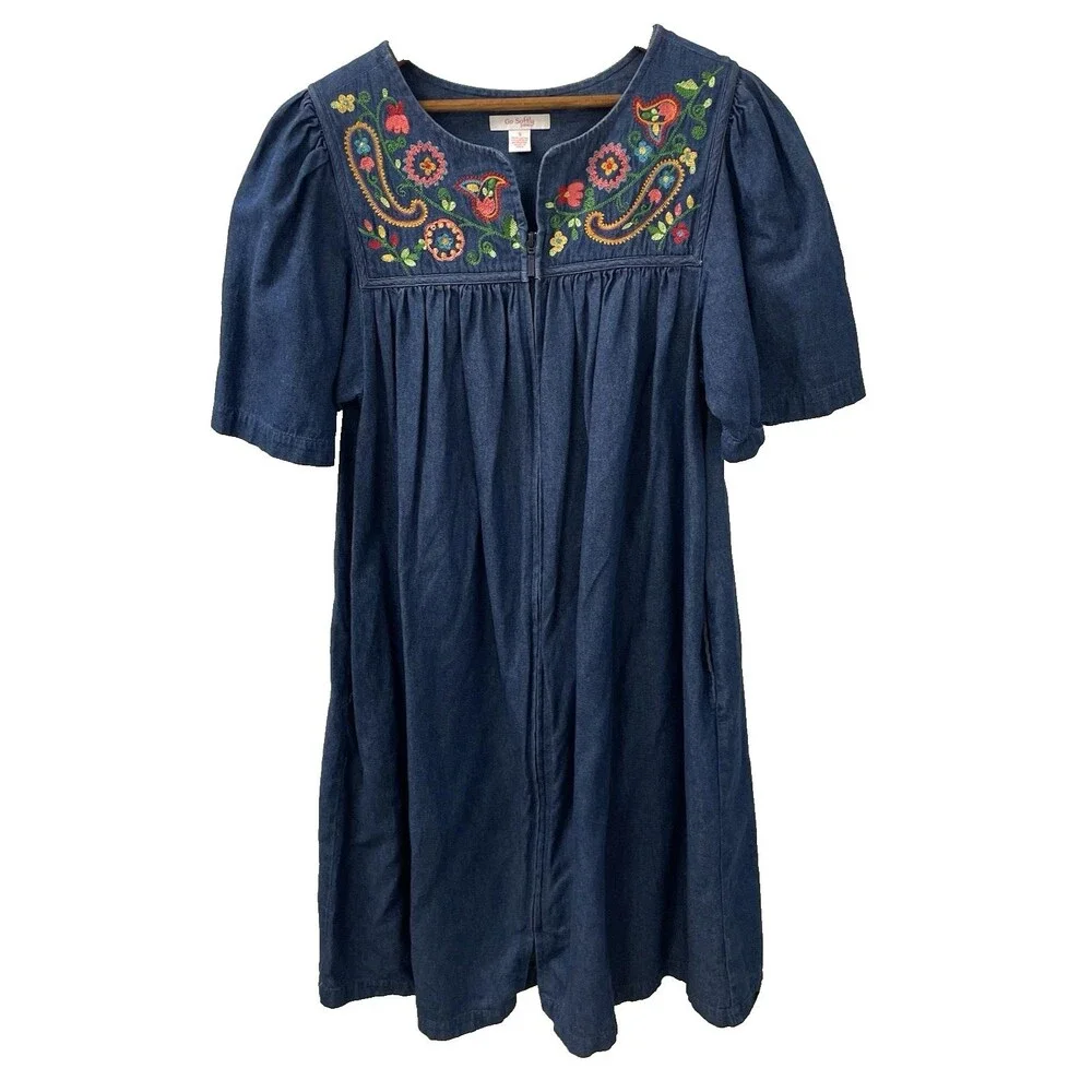 Go Softly Patio Embroidered Full Zip Denim Chambray Housedress Women's Size S